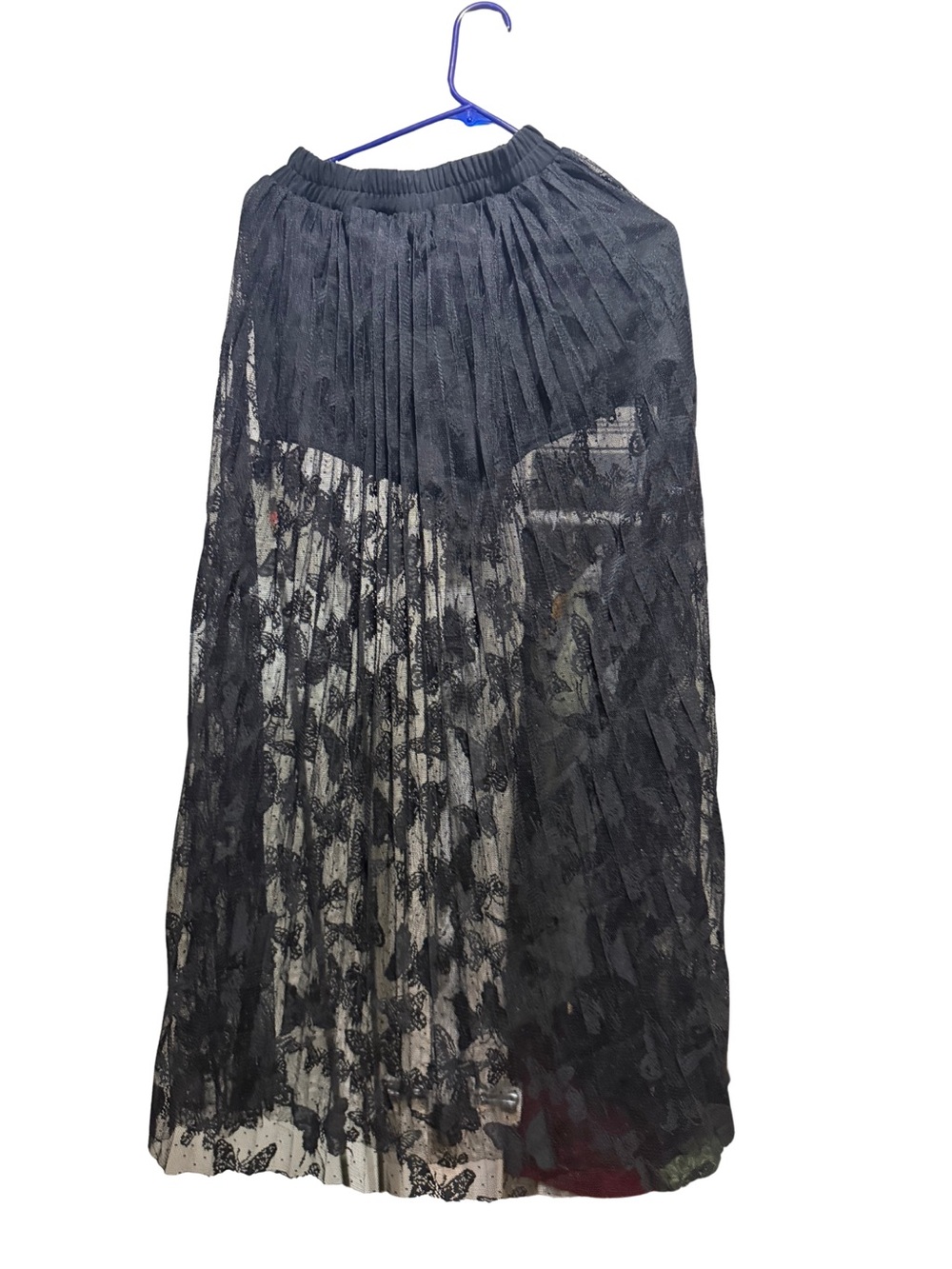 SHEIN Black Lace Pleated Maxi Skirt with Sheer Overlay